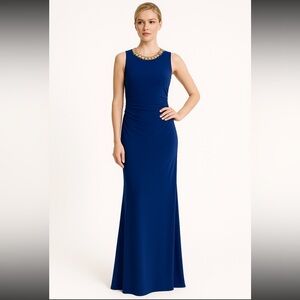 Laundry Royal Blue Maxi Gold Chain Neckline Sleeveless Ruched Excellent Size 6